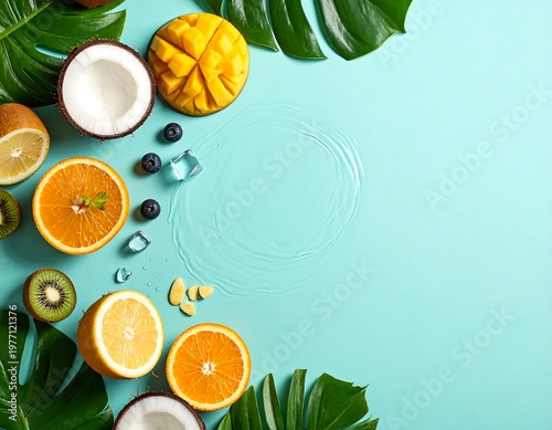 Vibrant Assortment of Tropical Fruits and Leaves on a Bright Blue Background.