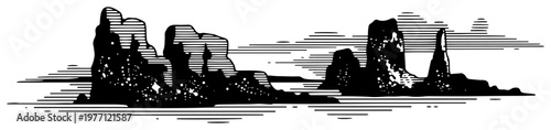 Scenic landscape of rocky cliffs and ocean waves in a minimalist vintage engraving style