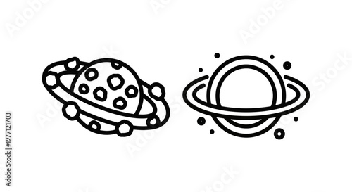 Stylized astronomy icons featuring ringed planets and celestial bodies in space astronomy universe celestial exploration spherical discovery telescope illustration technology education