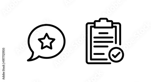 Customer satisfaction and feedback collection icon set including a star rating inside a speech bubble and a checklist on a clipboard with a verification mark for survey results and evaluation