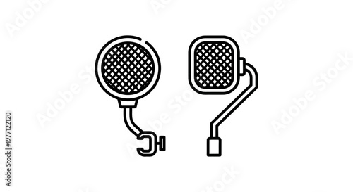 Set of two professional studio pop filters for microphones illustration with microphone recording broadcast equipment hardware technical communication production accessory rectangular