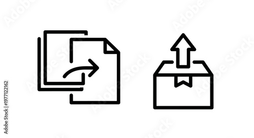 Digital data copy and package upload icons with transfer shipping delivery document duplication container logistics transport computing management archiving information technology