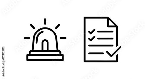 Safety and compliance icons featuring an emergency siren light and a completed checklist document with tick marks minimalist black line art for security auditing procedure verification, emergency