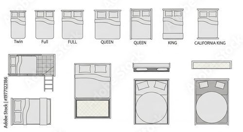 Collection of various bed sizes and types illustrated.