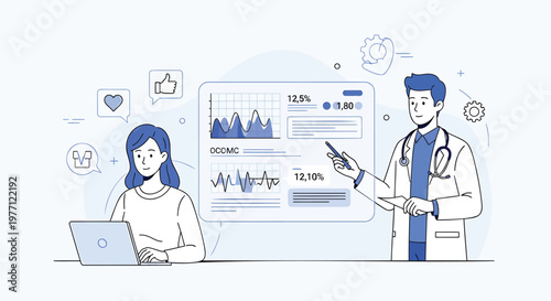 Medical professionals, doctor and patient, healthcare technology, digital interface