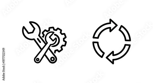 Maintenance support wrench gear and lifecycle circular arrow icons with maintenance lifecycle minimalist illustration engineering industry technology development management solution customer