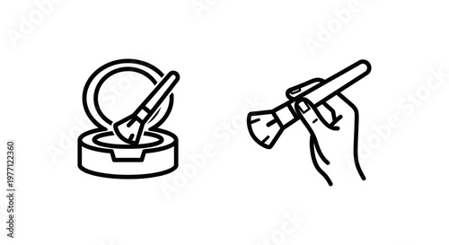 Makeup compact and makeup artist hand with brush icons for beauty industry cosmetic minimalist illustration aesthetic application accessory professional creative lifestyle wellness