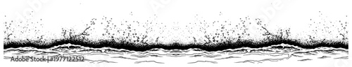 Horizontal ocean wave splash with stippled water spray in a vintage engraving style