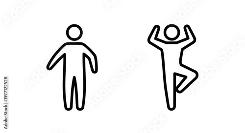 Minimalist human figure icons showing standing posture and active fitness yoga pose with well being stickman exercise movement physical wellness lifestyle activity standing stretching