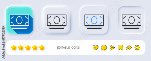 Cash money line icon. Neumorphic, Flat shadow, 3d buttons. Banking currency sign. ATM service symbol. Line cash money icon. Social media icons. Vector