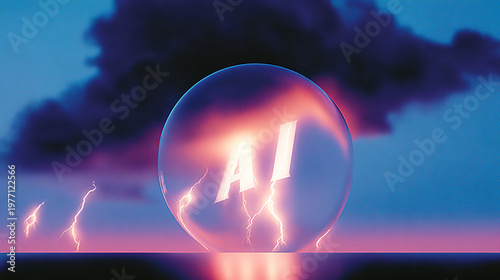 letters spelling “AI” in a bubble, with storm clouds and lightening behind. concept illustrating financial collapse and technological disruption