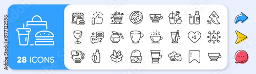 Bombon coffee, Food donation and Water bottle line icons. Interest rate, AI generate, Inflation icons. Pack of Fast food, Vegetables cart, Milk icon. Ice cream, Juice, Cold coffee pictogram. Vector