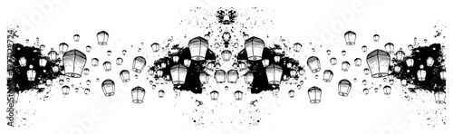 Horizontal banner with many flying lanterns in a night sky with ink splatters in vintage engraving style