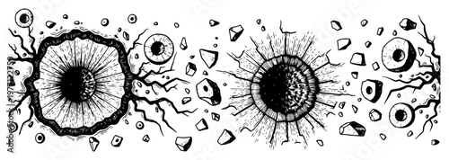 Surreal illustration of eyeballs embedded in cracked rocky craters in vintage woodcut engraving style