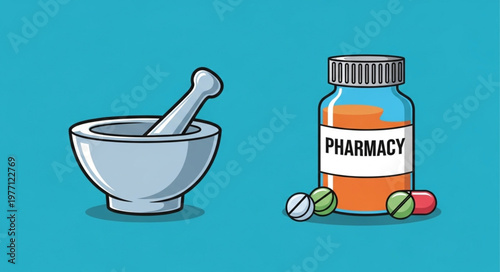 Pharmacy bottle and mortar pestle with pills.