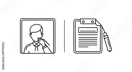 Professional business icon pack featuring a male executive portrait and document clipboard with pen for corporate documentation business professional executive clipboard document contract