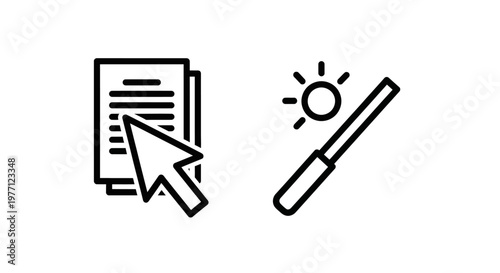 Digital document editing and sunshine magic wand tool icons with document sunshine software interface background application creative adjustment selection highlight illustration isolated