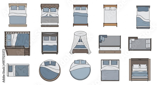 Collection of various beds and bedroom furniture top view.