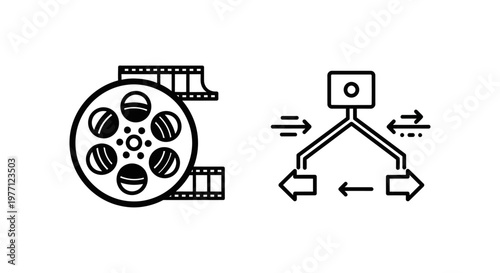 Movie production and film distribution icons featuring a cinematic reel and a logistic flowchart symbol distribution production industry entertainment isolated logistic flowchart workflow