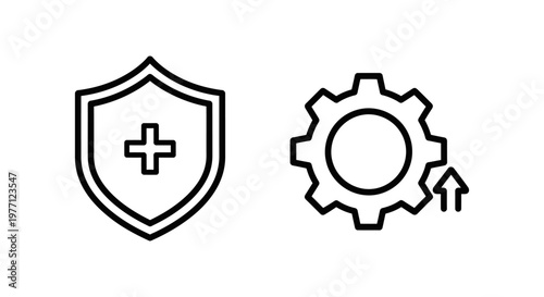 Premium pro plan service icons with a medical cross shield for protection and gear icon for advanced features professional advanced features configuration business protection security software