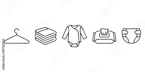 Minimalist Baby Essentials Line Icons Set.