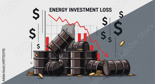 Energy Investment Loss Depicted with Oil Barrels and Falling Stock Chart.