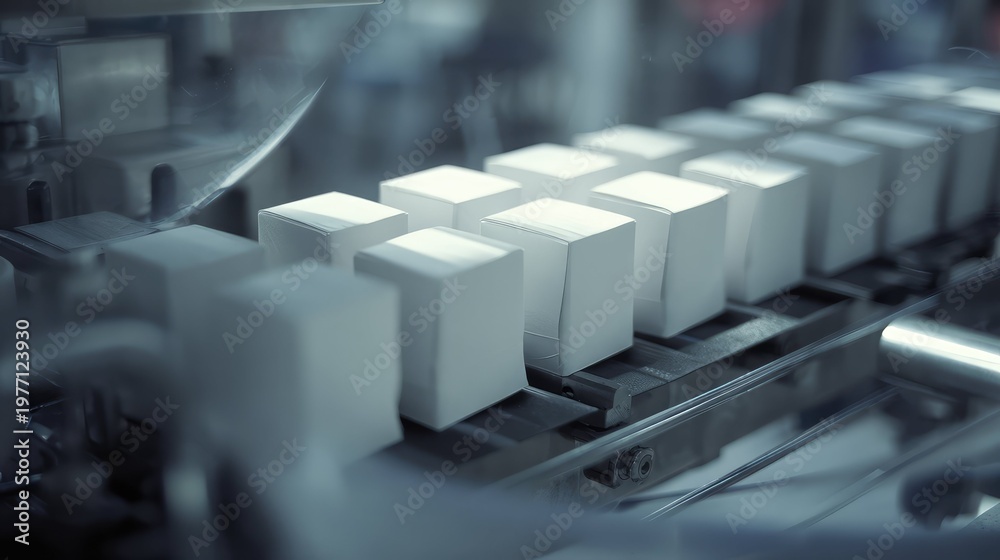 Fototapeta premium White product boxes progressing on a high speed conveyor belt in a modern factory, illustrating efficient industrial automation, manufacturing, and packaging processes