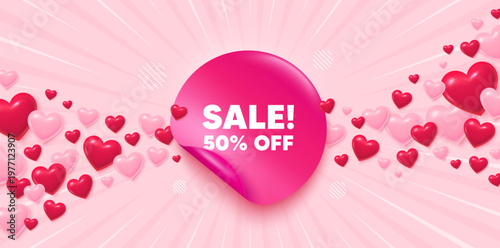 Sale sticker love banner. Sunburst ray background. Sale 50 percent off discount. Promotion price offer sign. Retail badge symbol. Valentines day greeting card. Promo background. Vector