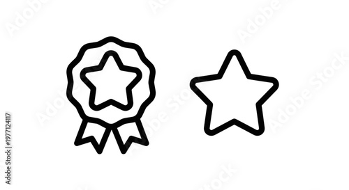 Reward and rating icons featuring a ribbon badge star and a simple outlined five point star symbol favorite achievement excellence recognition performance decoration feedback customer