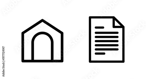 Studio office and financial document icons illustrating a workspace building and a business invoice sheet with building workspace document business accounting statement transaction architecture