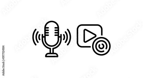 Digital content creation icons for live audio broadcasting and live stream media playback applications with broadcast microphone recording communication technology internet production interface