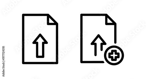 Business plan upgrade icons showing document with upward arrow and plus symbol for software service subscription levels document increase business subscription software improvement minimalist