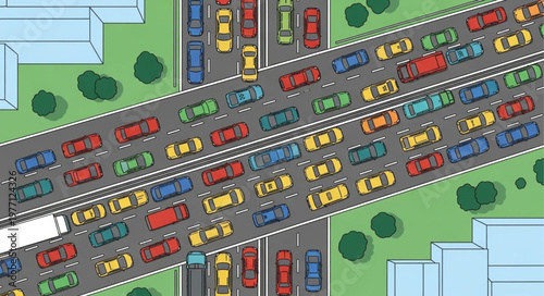 Aerial view of a busy highway with heavy traffic congestion.