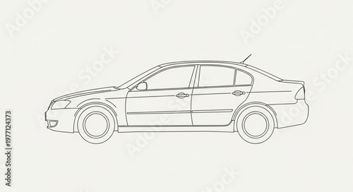 Detailed blueprint sketch of a modern sedan car side view.