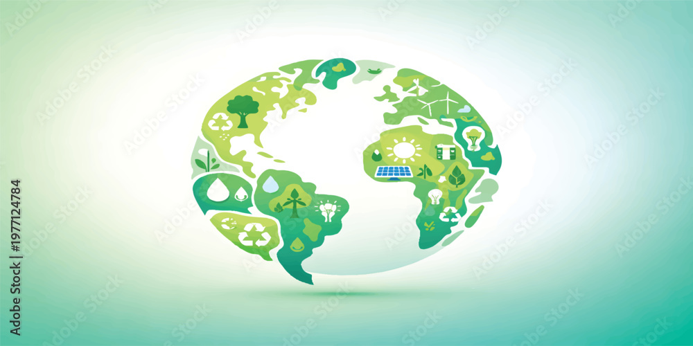 Fototapeta premium Green Sustainable Earth with Eco Icons, Renewable Energy, Recycling and Environmental Conservation, Climate Change Awareness, Sustainable Development Goals, Eco Friendly Planet Concept Illustration