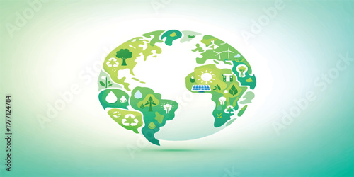 Green Sustainable Earth with Eco Icons, Renewable Energy, Recycling and Environmental Conservation, Climate Change Awareness, Sustainable Development Goals, Eco Friendly Planet Concept Illustration