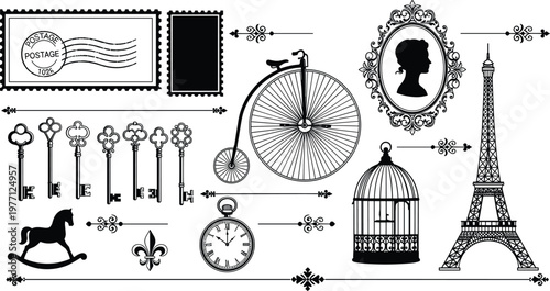 Vintage silhouette collection with Eiffel Tower, penny‑farthing bicycle, antique keys, pocket watch, birdcage, ornate frame, flat vector illustration