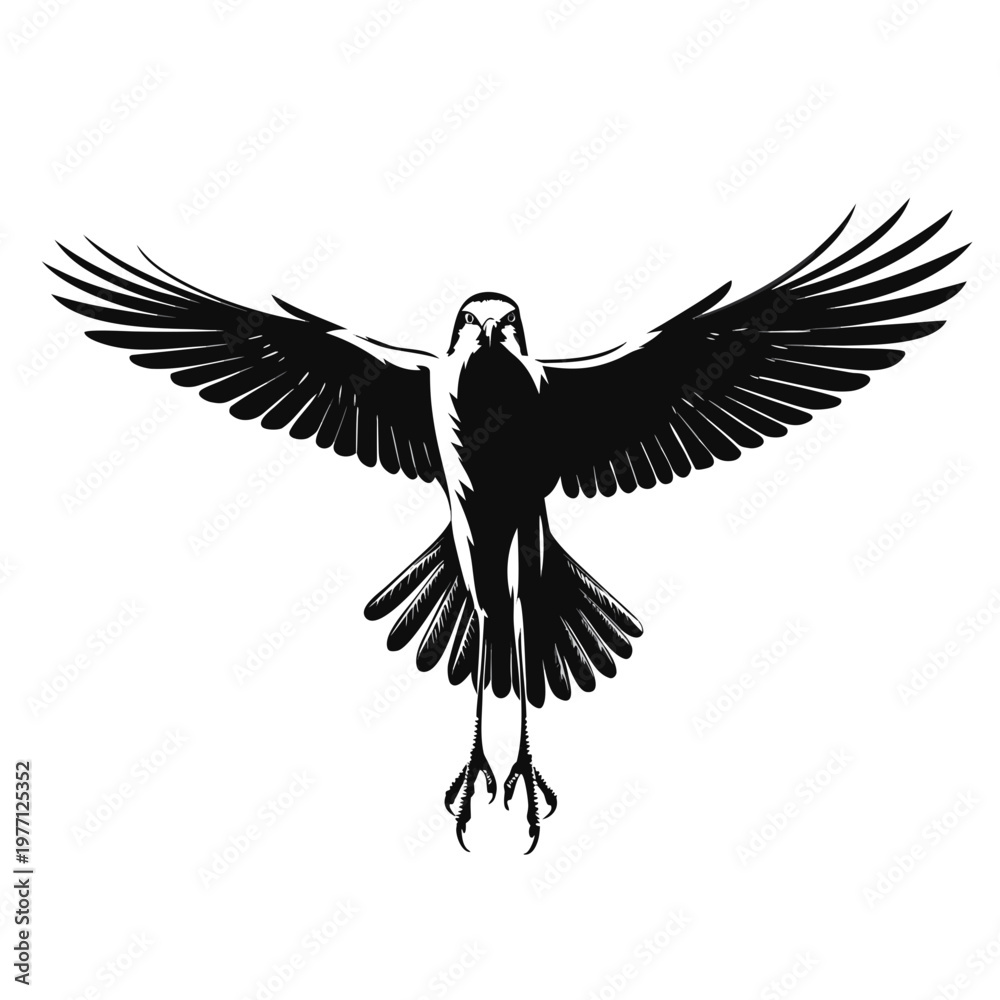 Fototapeta premium Black bird, flying eagle, wings spread wide, silhouette icon