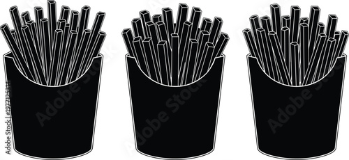 Black silhouette French fries container set with multiple arrangements of sticks, fast food snack icon, flat vector illustration