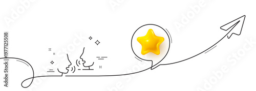 Talk line icon. Continuous line with share plane. People speak sign. Voice speech symbol. 3d star in speech bubble. Talk single line ribbon. Loop curve pattern. Vector