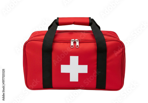 Red medical duffel bag with white cross emblem for first aid supplies isolated on transparent background png