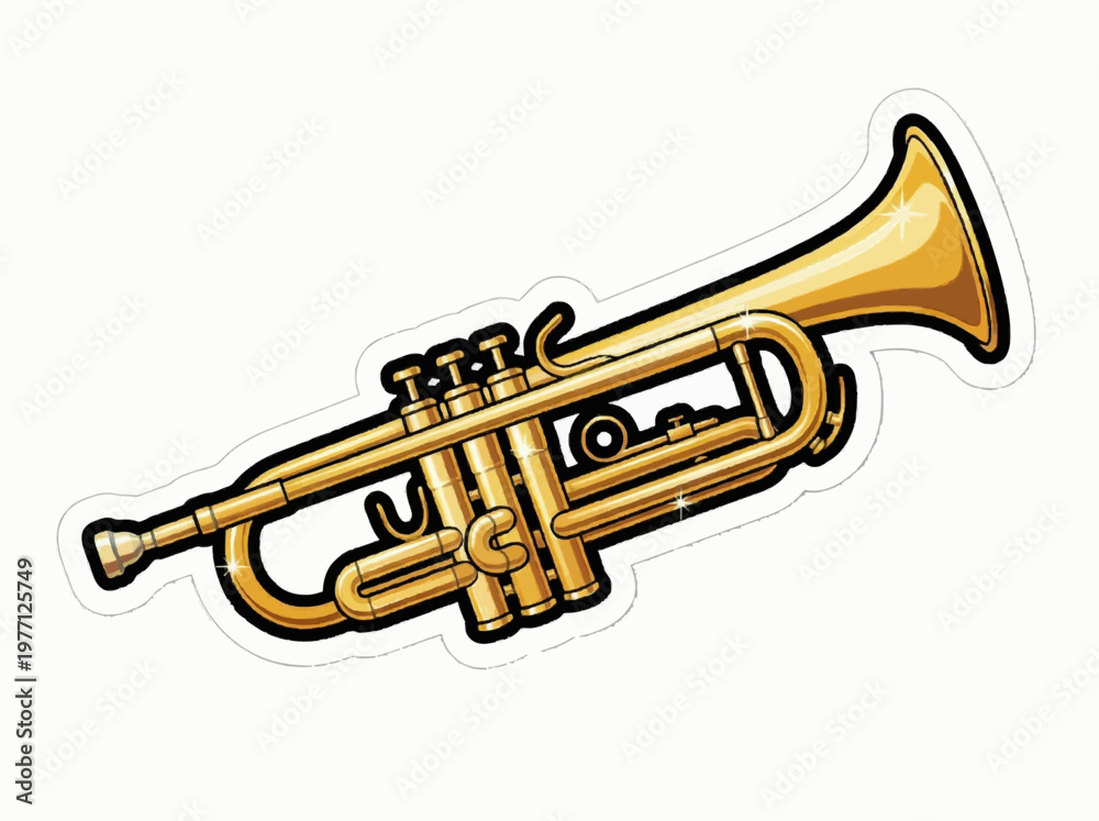 Fototapeta premium A shiny trumpet sticker with metallic highlights and bold vector lines on a clean white background
