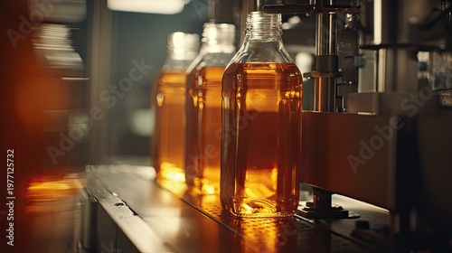 Beverage bottles on an automated production line conveyor, being filled and moved through a clean industrial plant, showcasing modern manufacturing efficiency and packaging workflow