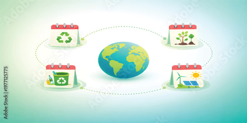 Sustainable Development Cycle Around Earth, Recycling, Tree Planting and Renewable Energy Calendar Concept, Environmental Protection Strategy, Green Lifestyle Planning Illustration