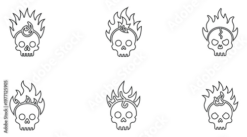Mohawk flaming skull line icon vector, danger punk skull symbol outline icon illustration
