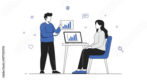 Business people, office workers, data analysis, teamwork, collaboration, vector illustration