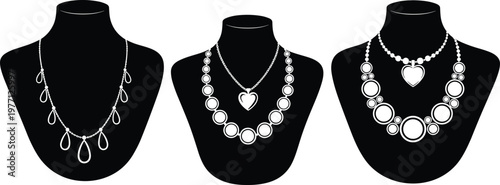 Black silhouette necklace display bust set with jewelry designs, teardrop pendants, layered beads, heart motifs, fashion accessory vector illustration
