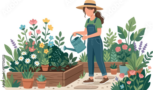 A smiling senior woman gardener in a cap poses in a garden while holding a potted plant