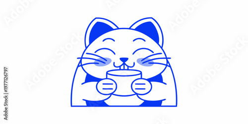 Adorable blue cat enjoys a warm drink from a small cup