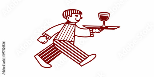 A waiter carrying a glass of wine on a serving tray